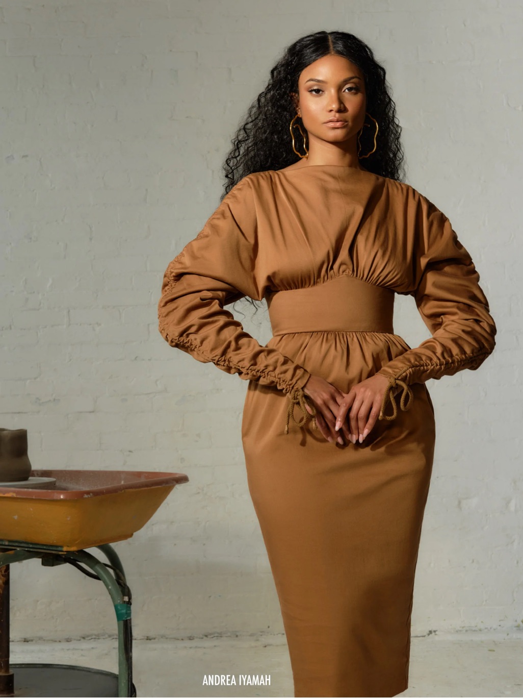 Andrea Iyamah Caramel Brown Long-Sleeve Ruched Midi Dress